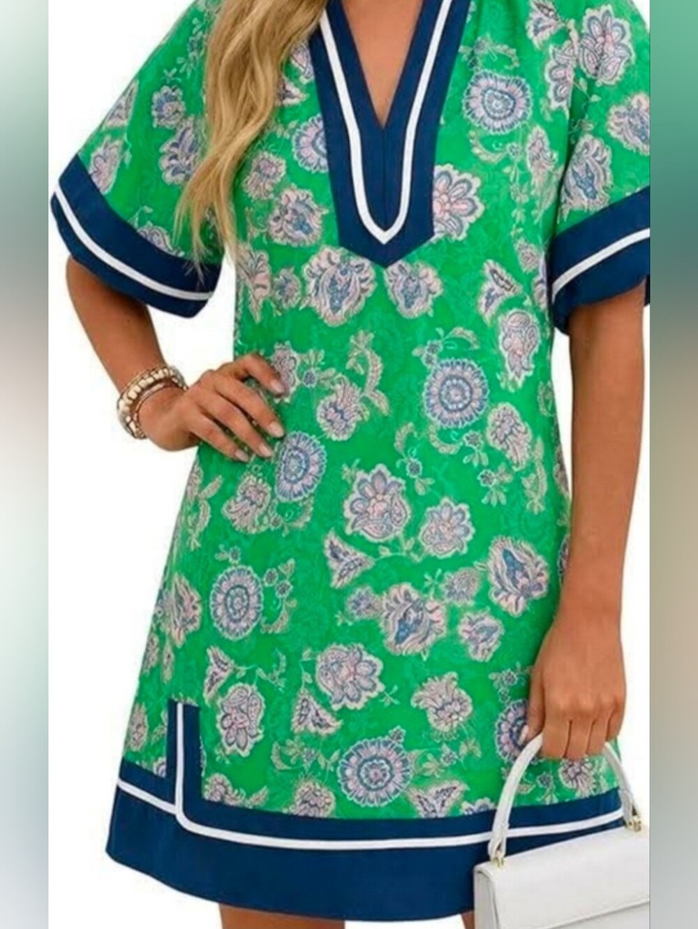 Wenrine Block Print Style Dress Green And Navy